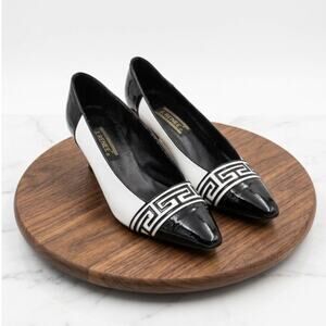 Renee Vintage Black White Leather Greek Key Pointed Toe Kitten Heel Pumps 9.5